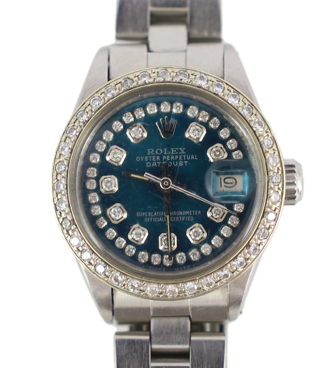 A lady's early 1970's stainless steel Rolex Oyster Perpetual Datejust wrist watch, set with after market? diamonds